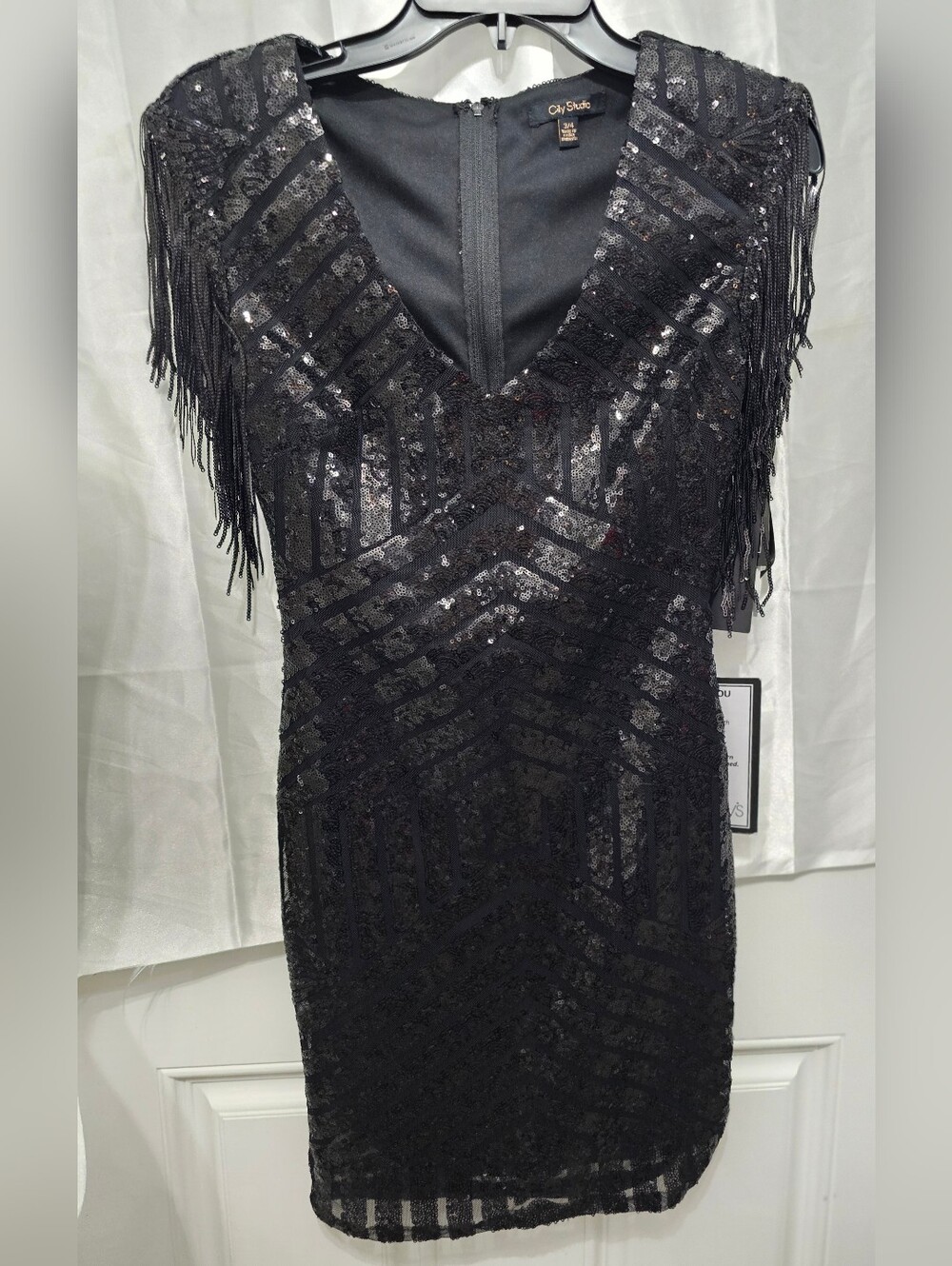City Studio NWT Black Sequin Fringe Shoulder Bodycon Cocktail Dress 3/4 - Picture 6 of 12